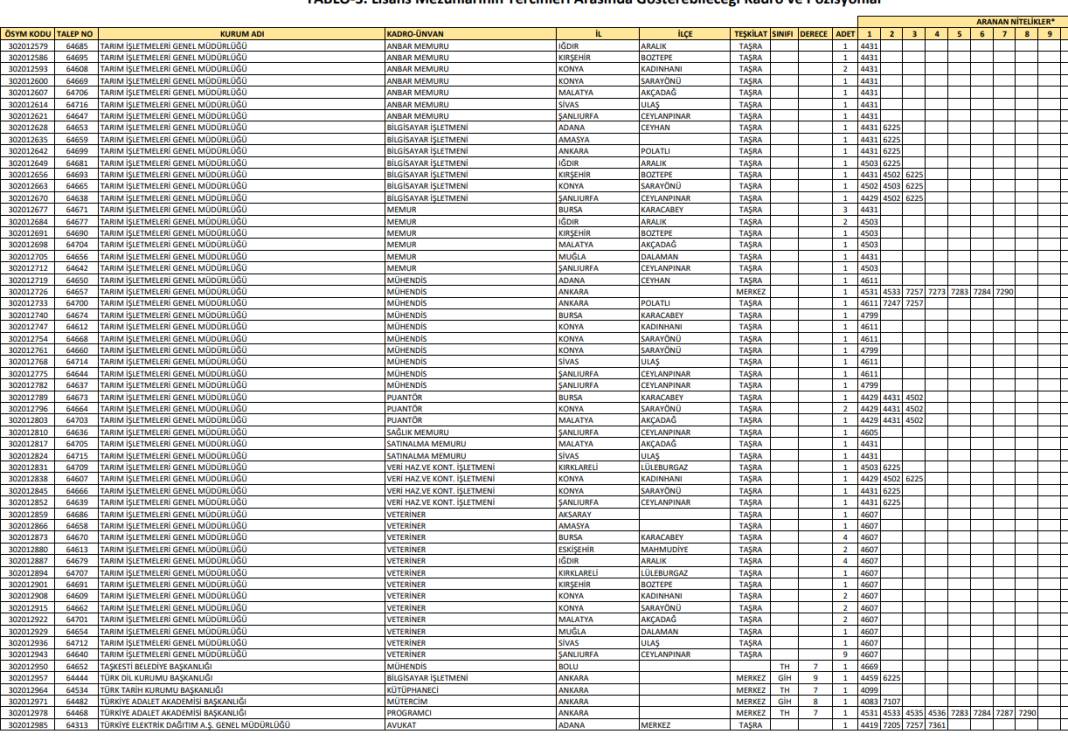 Lisans mezunu 1010 memur alımı kadro, kontenjan dağılımı 9