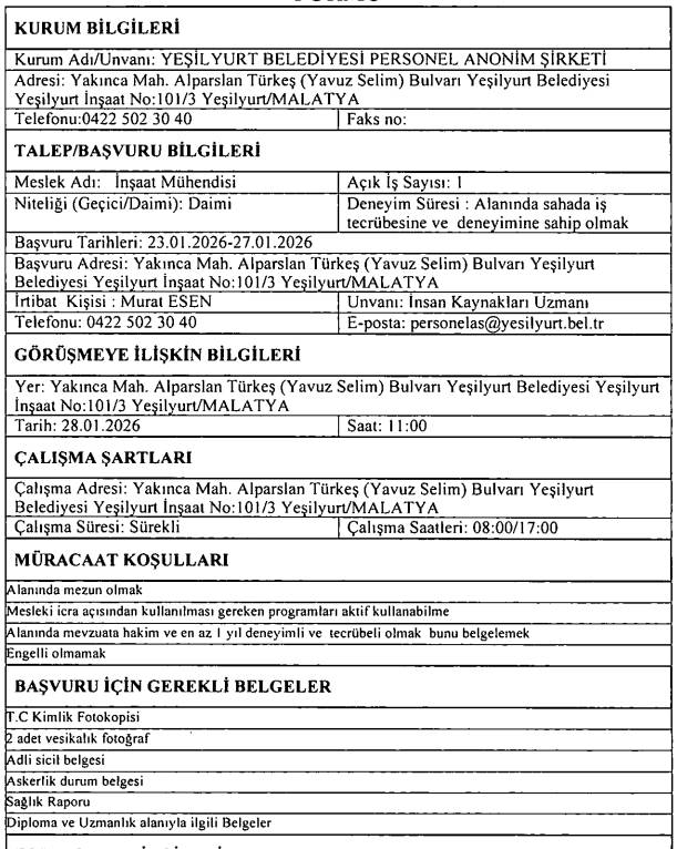Yeşilyurt Belediyesi KPSS'siz 64 personel ve işçi alımı yapacak 4