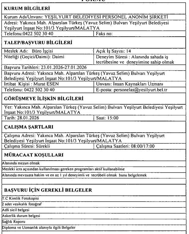 Yeşilyurt Belediyesi KPSS'siz 64 personel ve işçi alımı yapacak 6