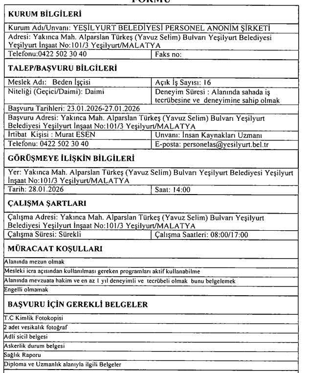 Yeşilyurt Belediyesi KPSS'siz 64 personel ve işçi alımı yapacak 5
