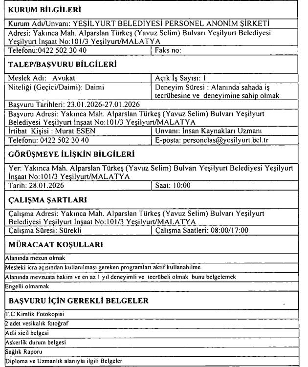 Yeşilyurt Belediyesi KPSS'siz 64 personel ve işçi alımı yapacak 7