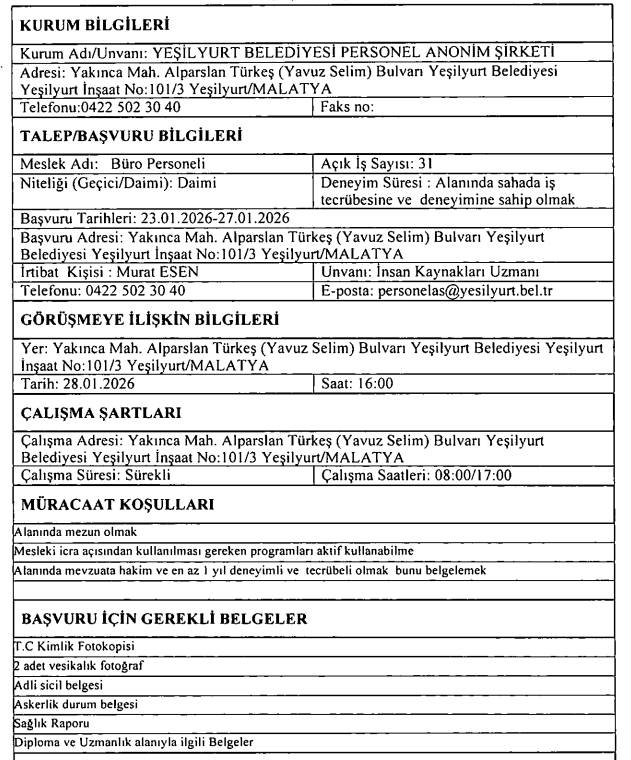 Yeşilyurt Belediyesi KPSS'siz 64 personel ve işçi alımı yapacak 2