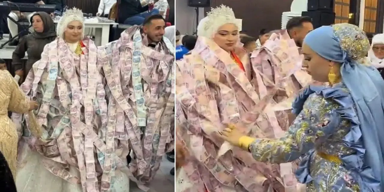 Mardin'de bir düğünde gelin-damat paralara boğulurken 2 kilo da altın takıldı
