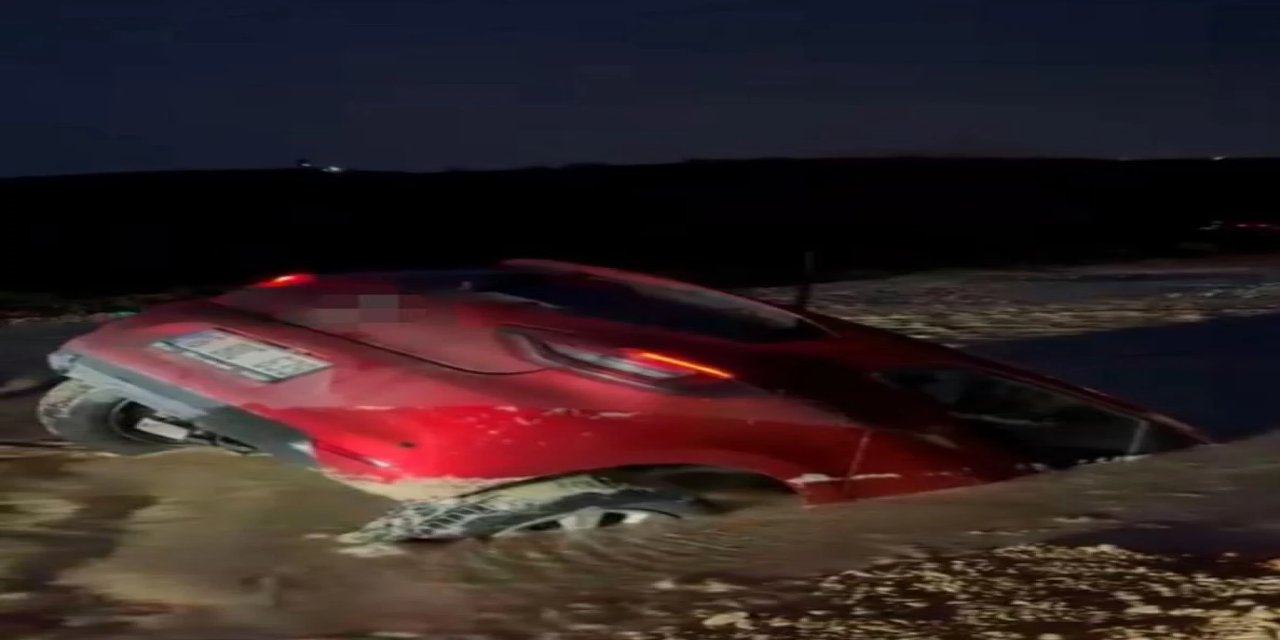 Bursa'da otomobil bataklığa saplandı: Sürücü son anda kurtuldu